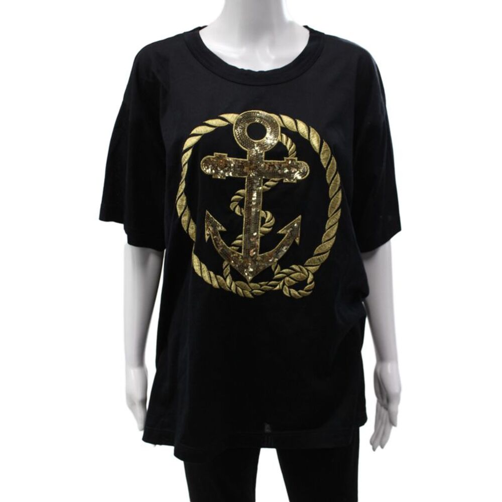 Escada Margaretha Ley Women Black Jersey Tee Short Sleeve Nautical Size 42
